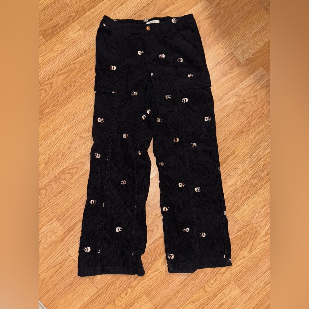 Black Corduroy Pants with Logo Pattern